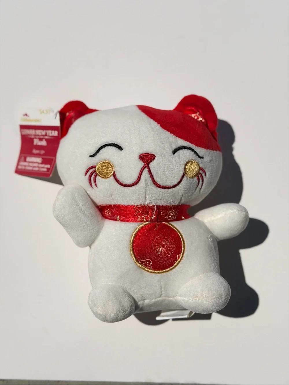 Plush Lucky Cat Toy - White and Red